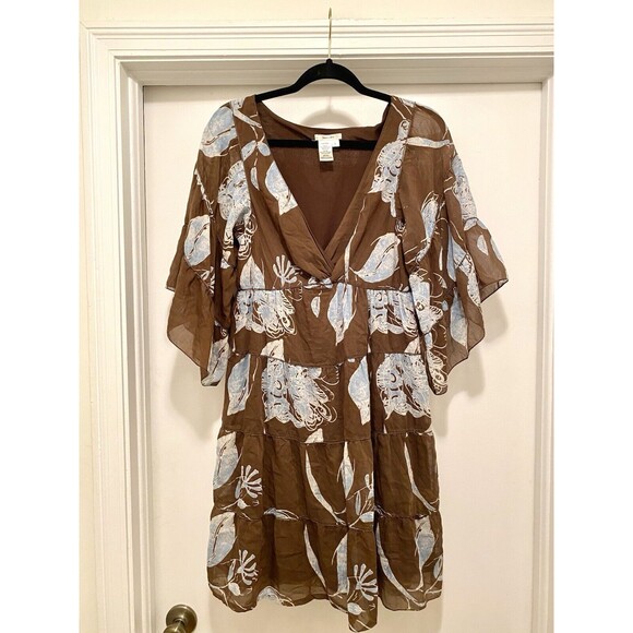 Floral Tiered Blue Brown Silk Overlay Dress  Boho Gypsy Flutter Sleeve Mini - Picture 1 of 8